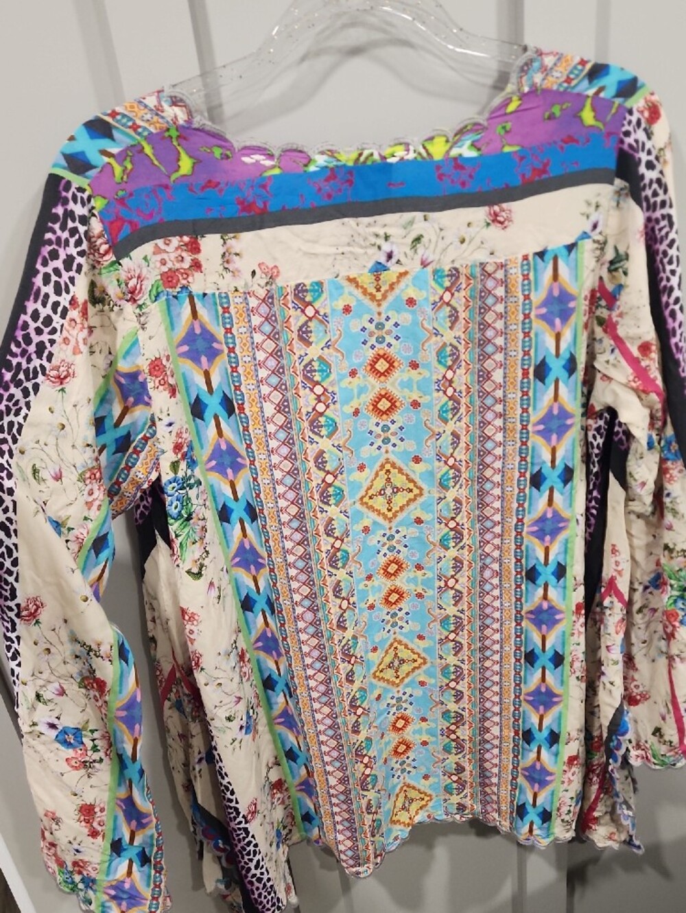 Johnny Was Cream, Blue & Purple Printed Long Sleeve Boho Top - Picture 6 of 7
